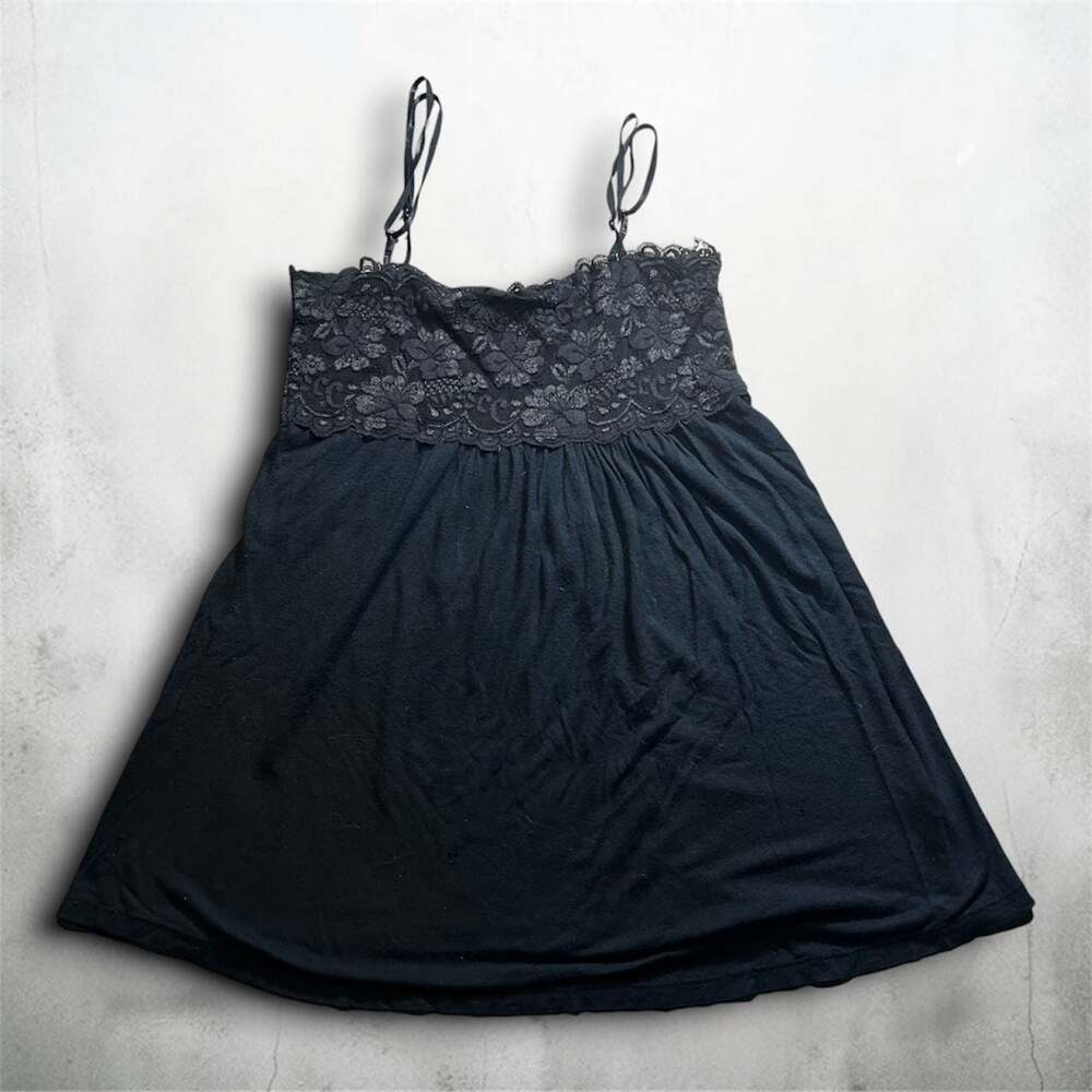 Piace Black Jersey Chemise Slip Dress with Lace Detail and Adjustable Straps